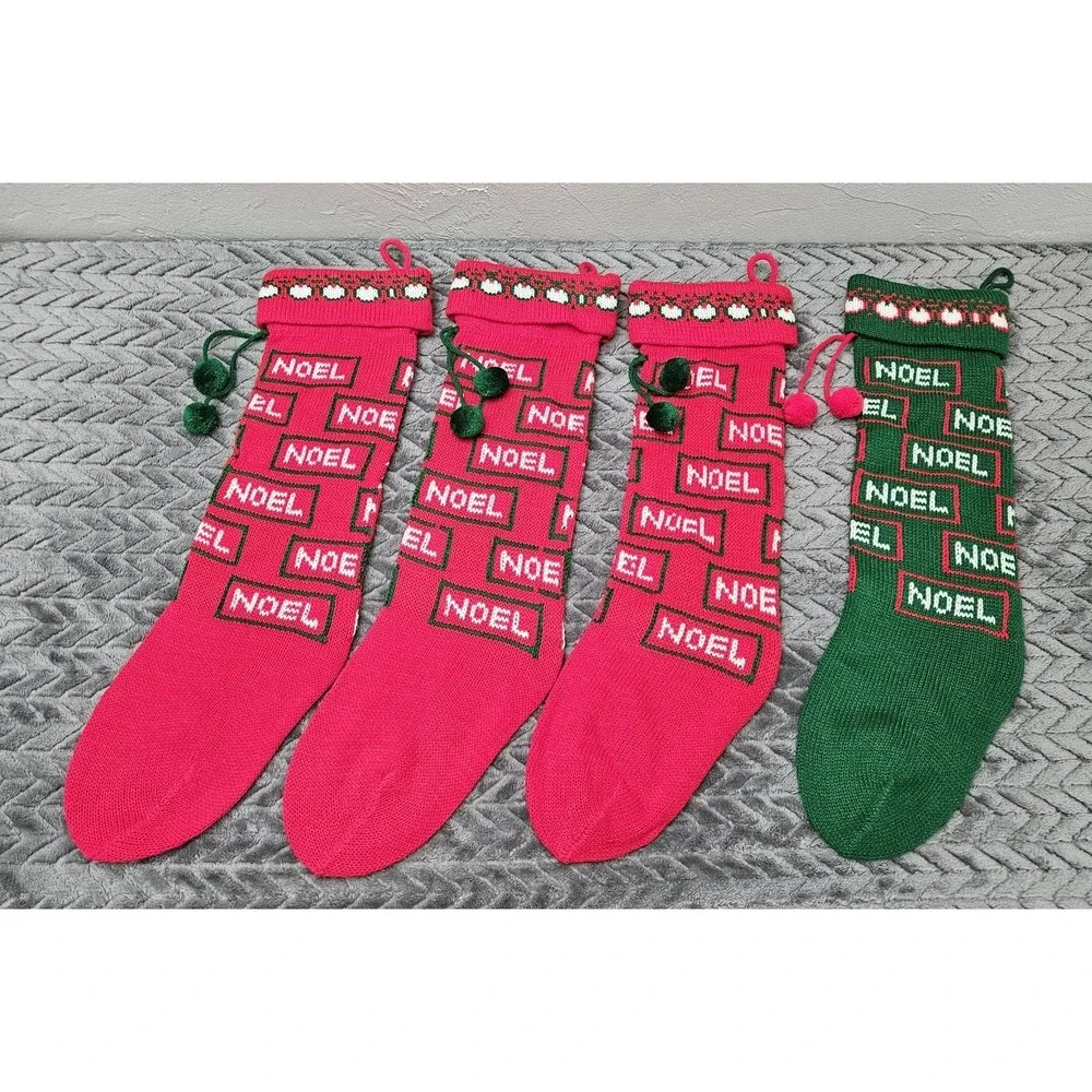 Vintage‎ 4 Knit Pom Pom Christmas Stockings Lot NOEL 3 Red 1 Green Bundle